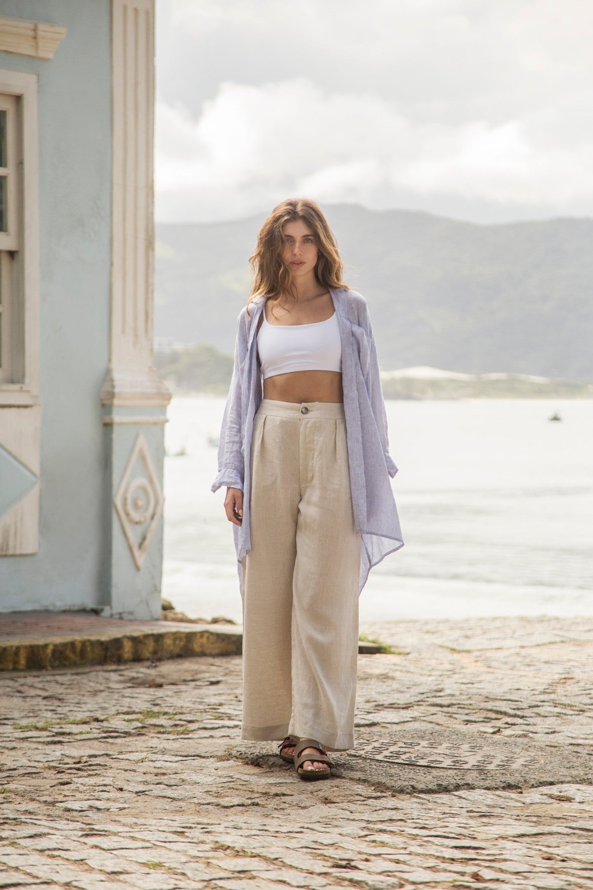 calça 100% linho feminina natural Lavanda