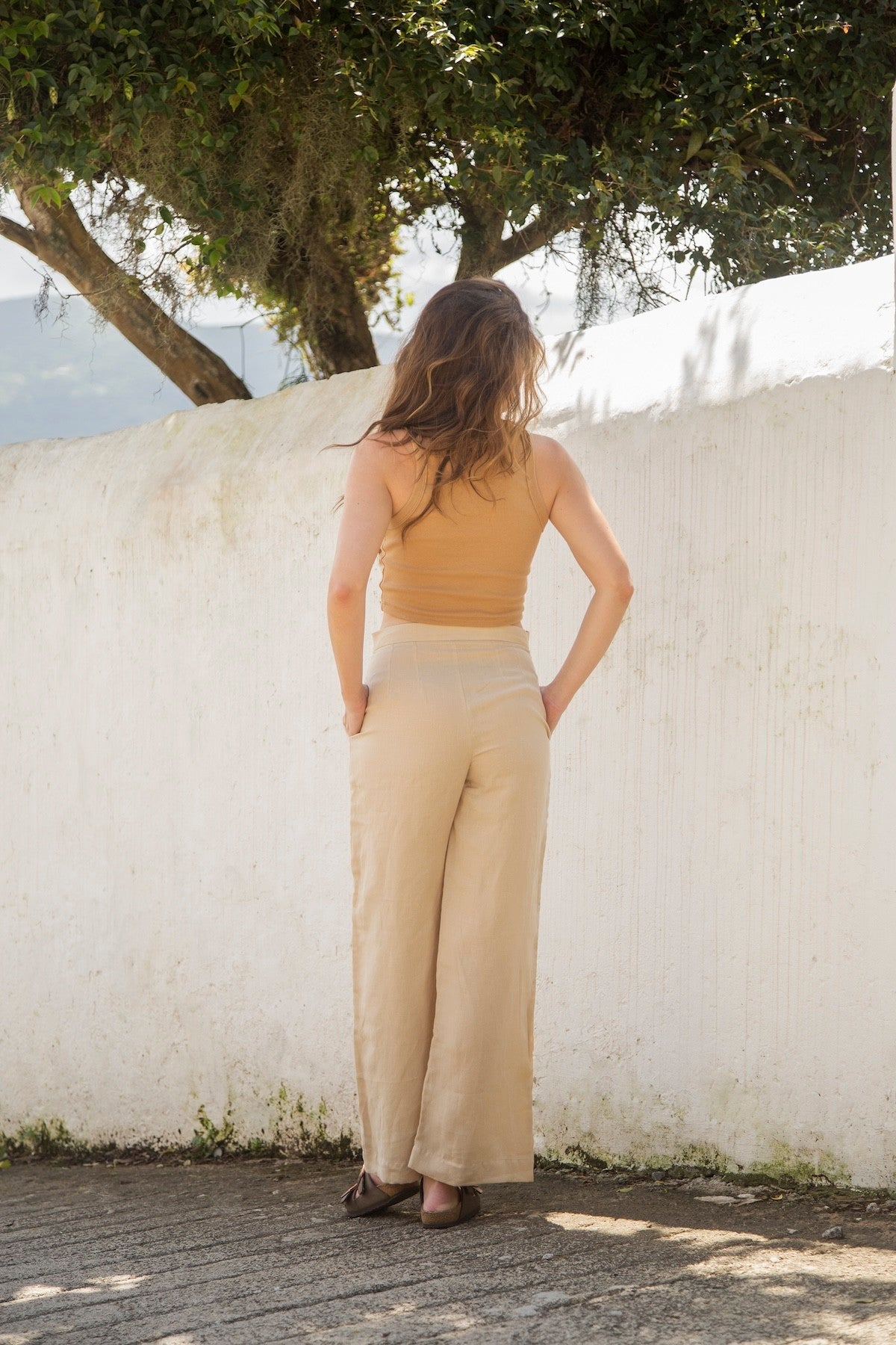 calça 100% linho feminina folha