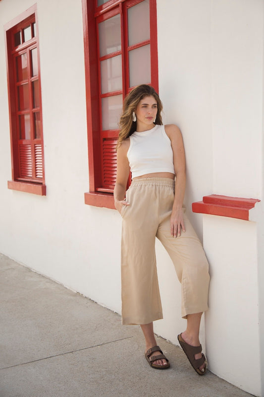 calça 100% linho feminina flora