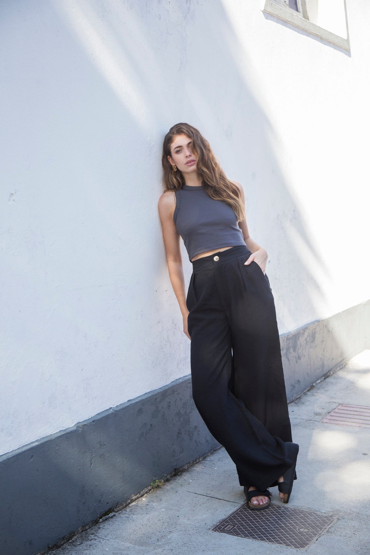 calça 100% linho feminina preto Lavanda