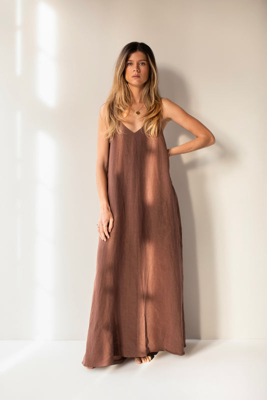 vestido 100% linho feminino marrom chocolate Sal