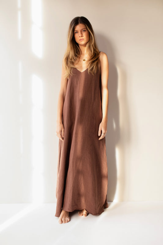 vestido 100% linho feminino marrom chocolate Sal