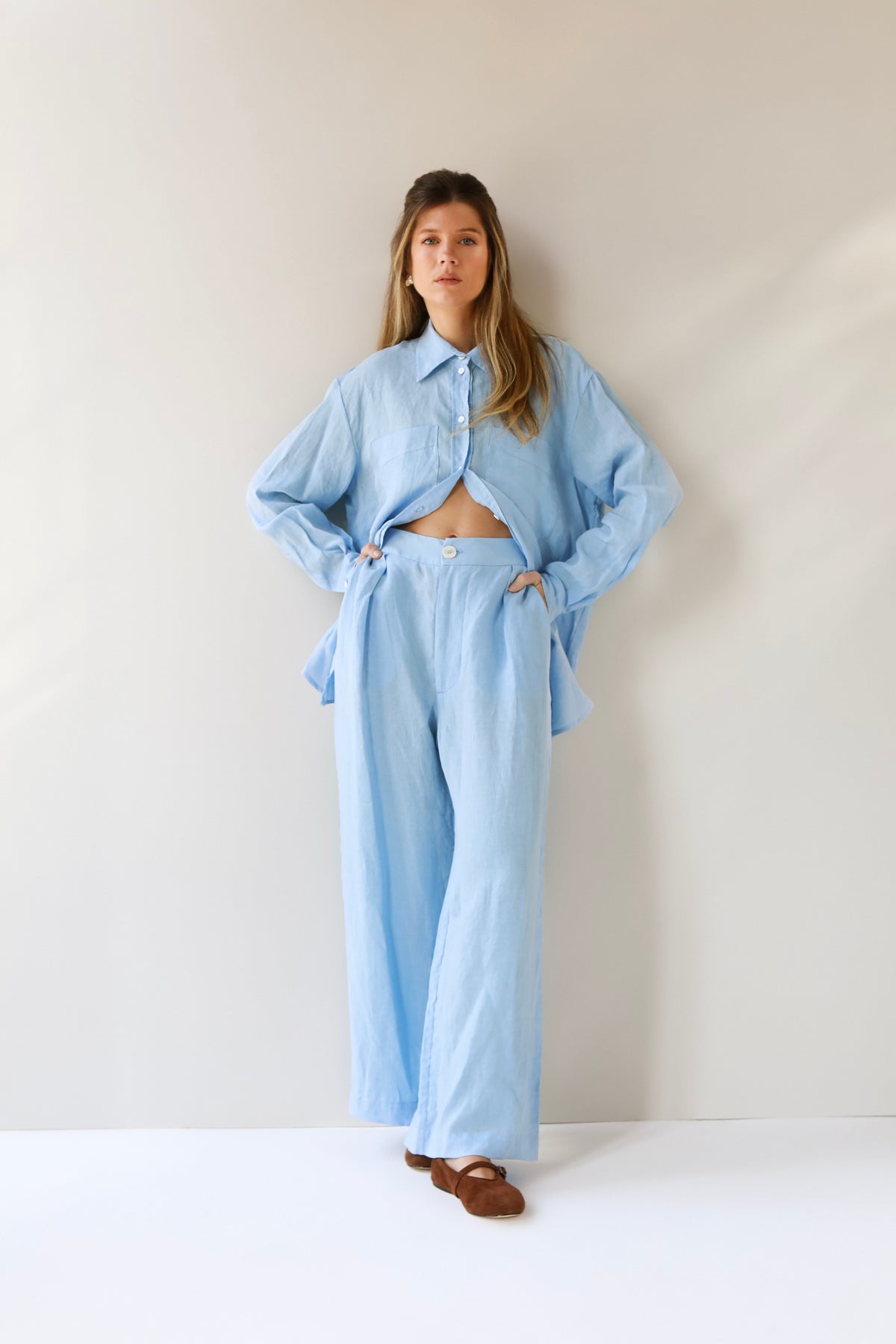 calça 100% linho feminina azul céu Lavanda