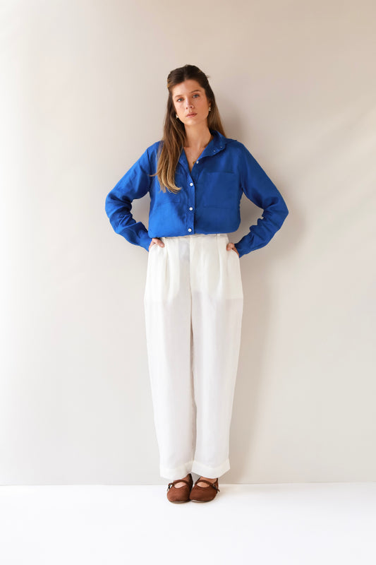 camisa feminina 100% linho azul royal Alma