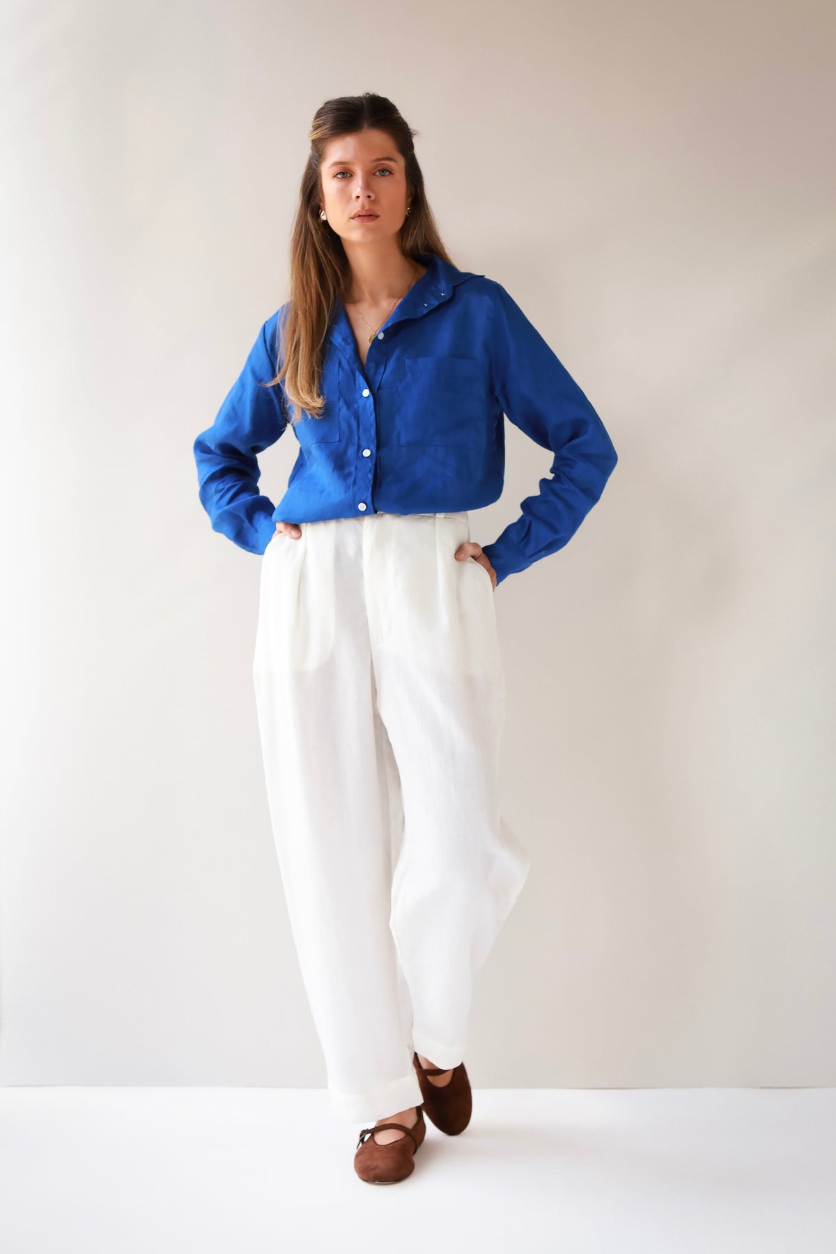 calça 100% linho feminina off-white Carmelo