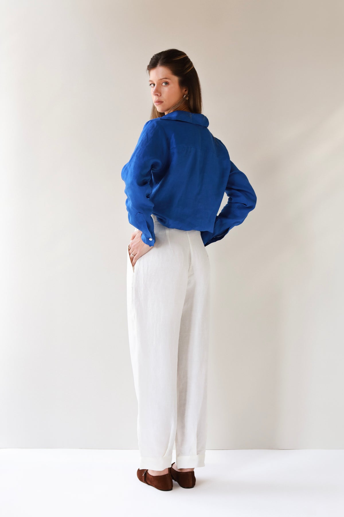 calça 100% linho feminina off-white Carmelo