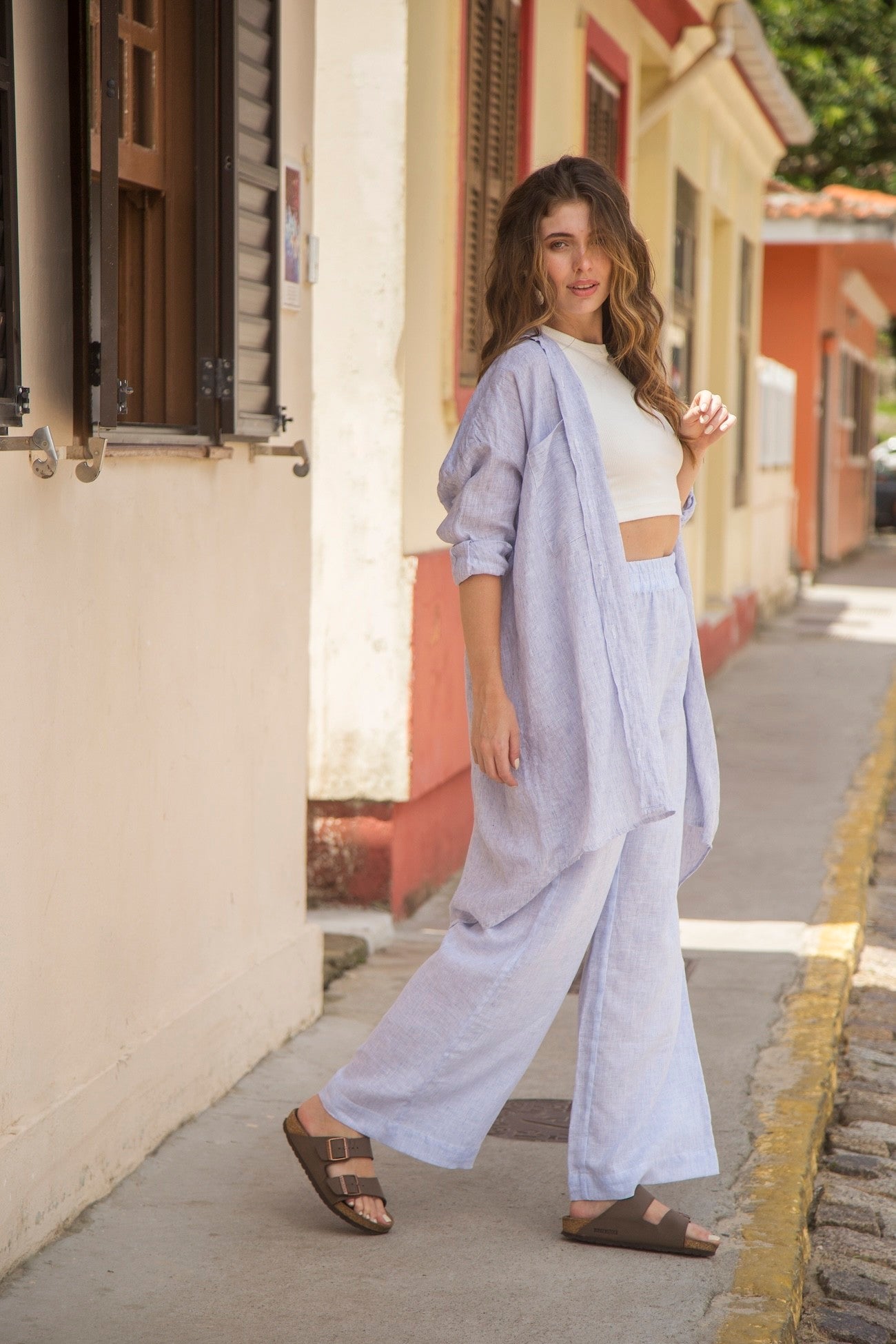 chemise 100% linho italiano listrado amanhecer